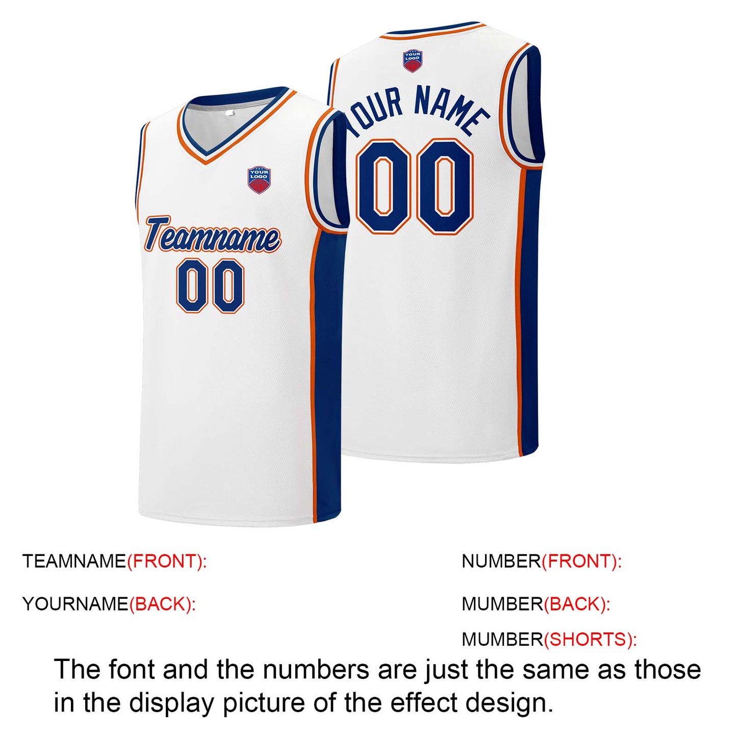 Individuelle Basketball-Jersey-Shorts für Männer und Frauen. Gestickter und gedruckter Name, Nummer und Logo Weiß&Royal&Orange