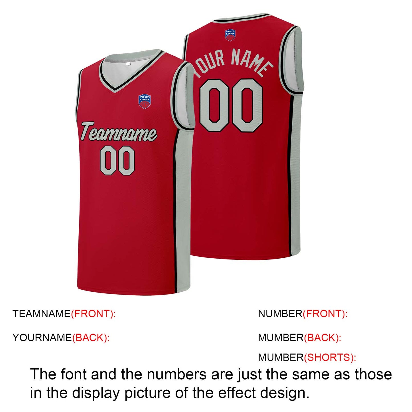 Individuelle Basketball-Jersey-Shorts für Männer und Frauen. Gestickter und gedruckter Name, Nummer und Logo Rot&Grau