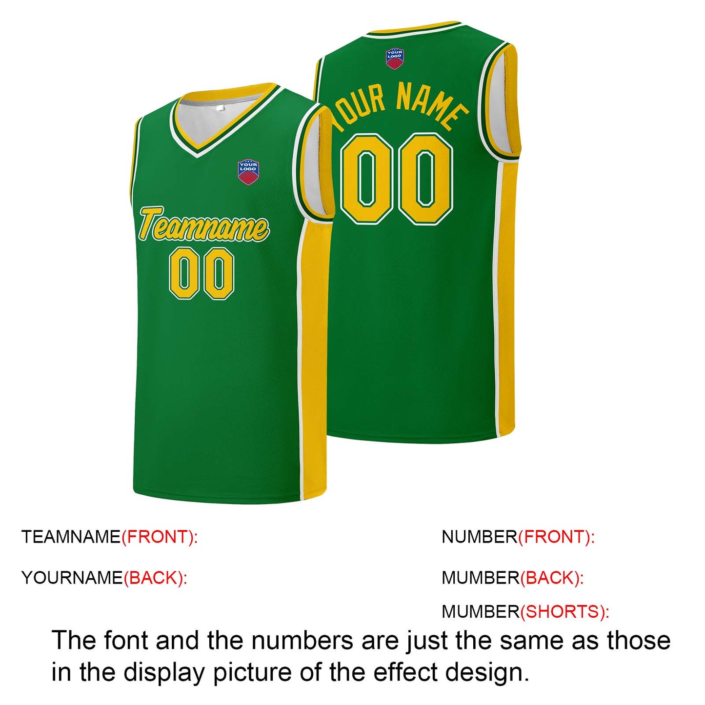 Individuelle Basketball-Jersey-Shorts für Männer und Frauen. Gestickter und gedruckter Name, Nummer und Logo Grün&Gelb