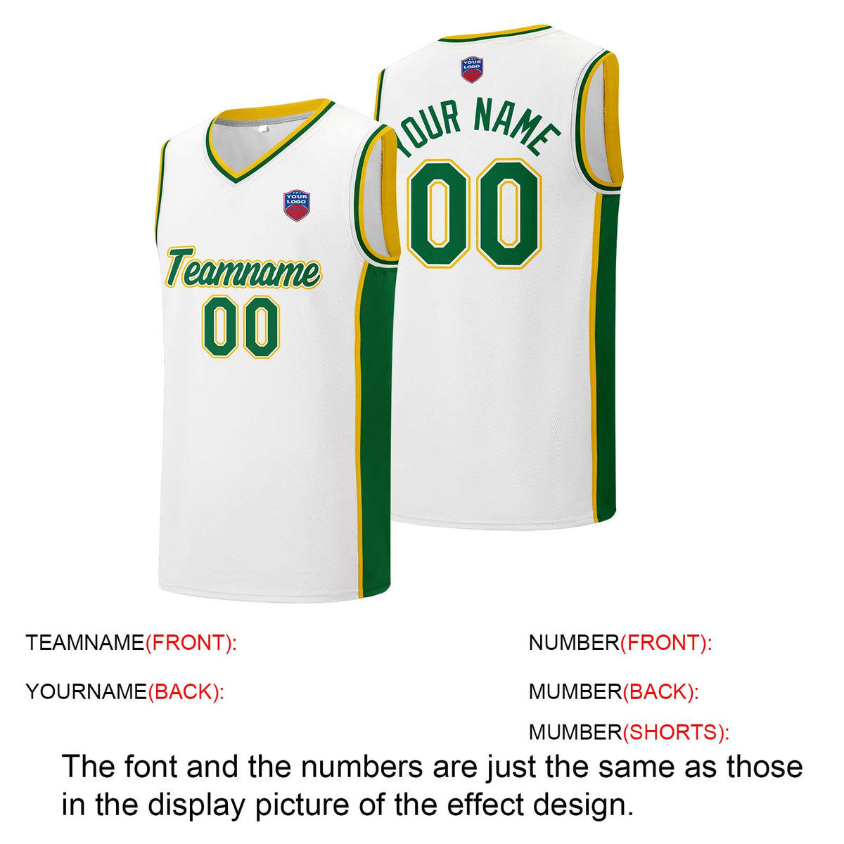 Individuelle Basketball-Jersey-Shorts für Männer und Frauen. Gestickter und gedruckter Name, Nummer und Logo Weiß&Grün&Gelb