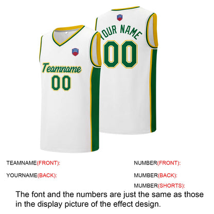 Individuelle Basketball-Jersey-Shorts für Männer und Frauen. Gestickter und gedruckter Name, Nummer und Logo Weiß&Grün&Gelb