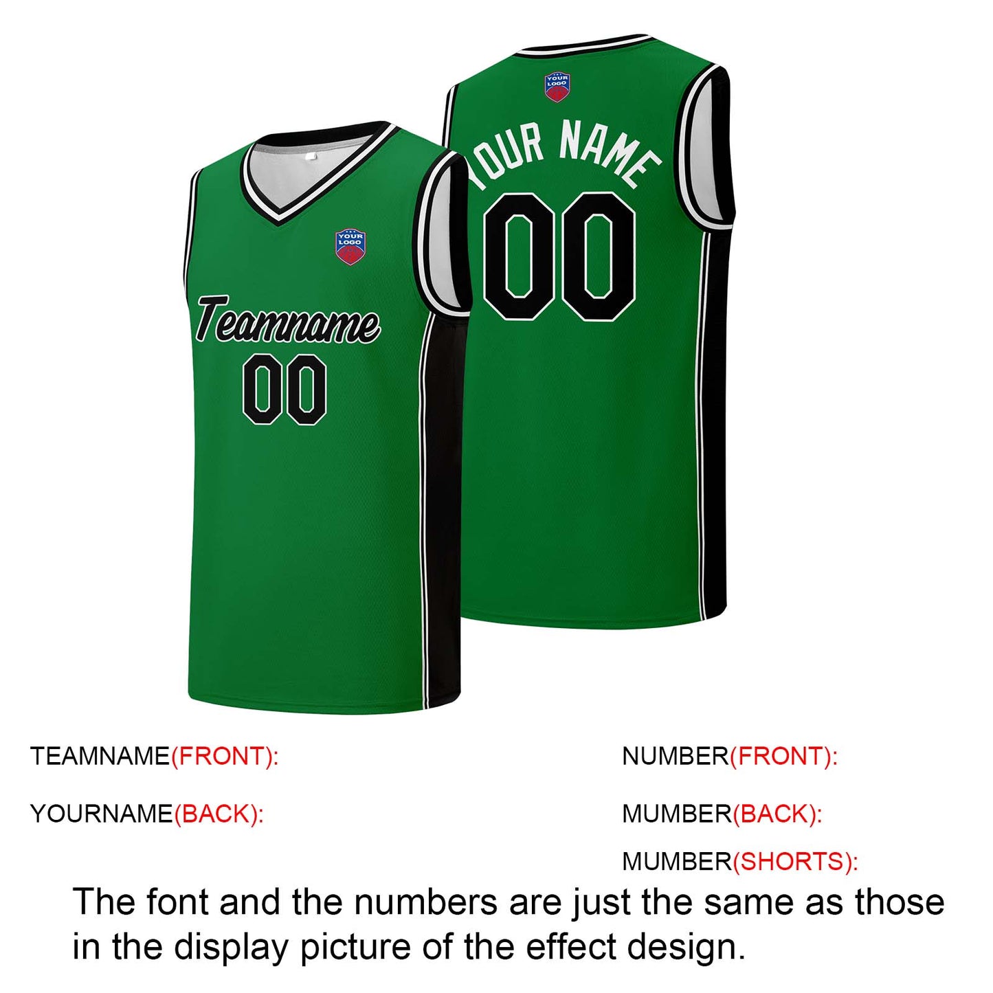 Individuelle Basketball-Jersey-Shorts für Männer und Frauen. Gestickter und gedruckter Name, Nummer und Logo Grün&Schwarz