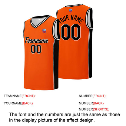 Individuelle Basketball-Jersey-Shorts für Männer und Frauen. Gestickter und gedruckter Name, Nummer und Logo Orange&Schwarz
