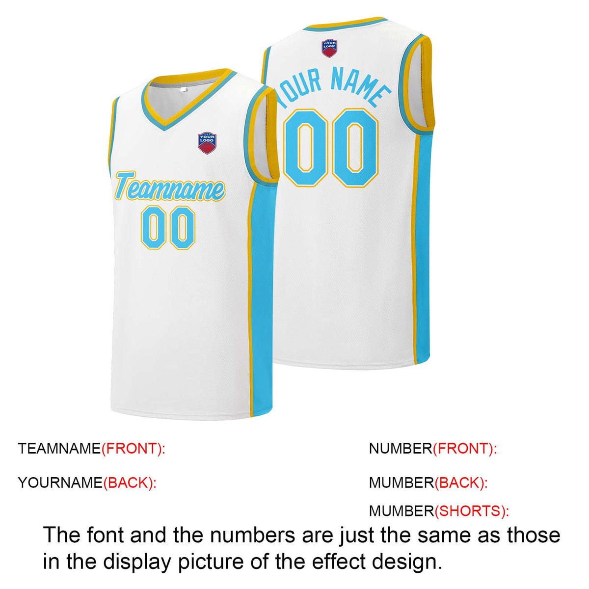 Individuelle Basketball-Jersey-Shorts für Männer und Frauen. Gestickter und gedruckter Name, Nummer und Logo Weiß& Hellblau