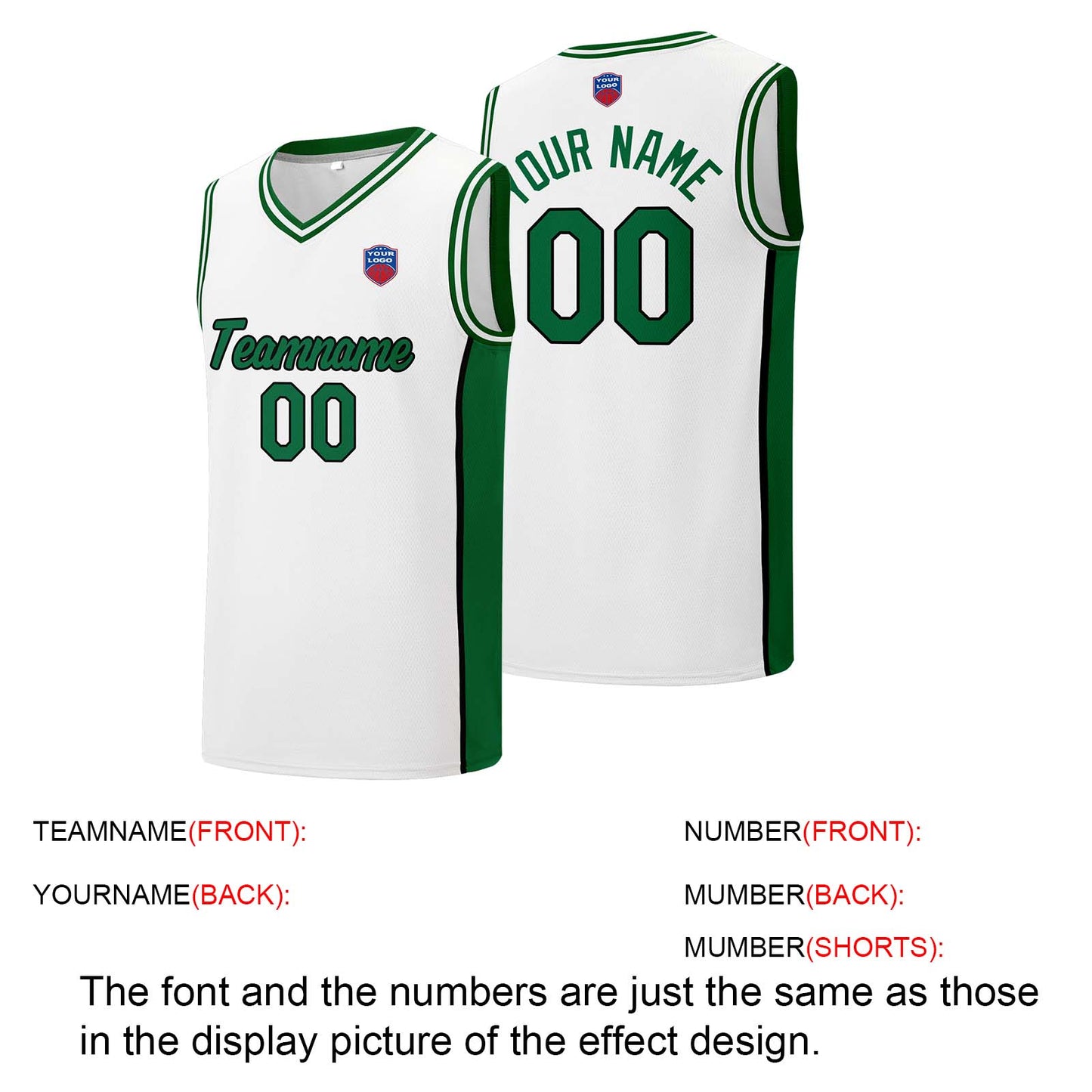 Individuelle Basketball-Jersey-Shorts für Männer und Frauen. Gestickter und gedruckter Name, Nummer und Logo Weiß&Grün