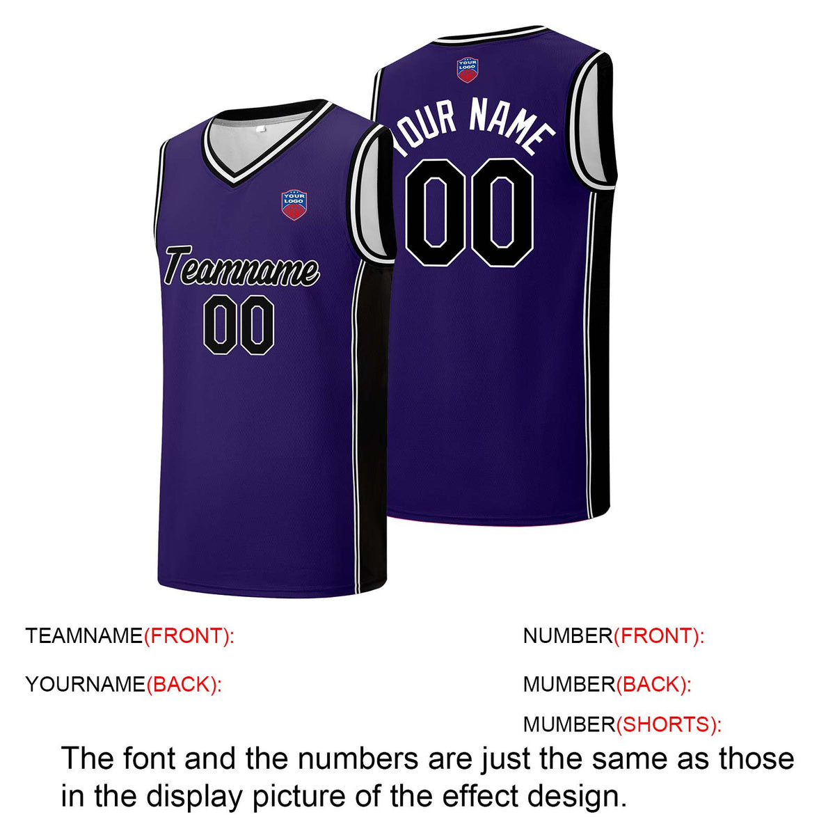 Individuelle Basketball-Jersey-Shorts für Männer und Frauen. Gestickter und gedruckter Name, Nummer und Logo Lila&Schwarz