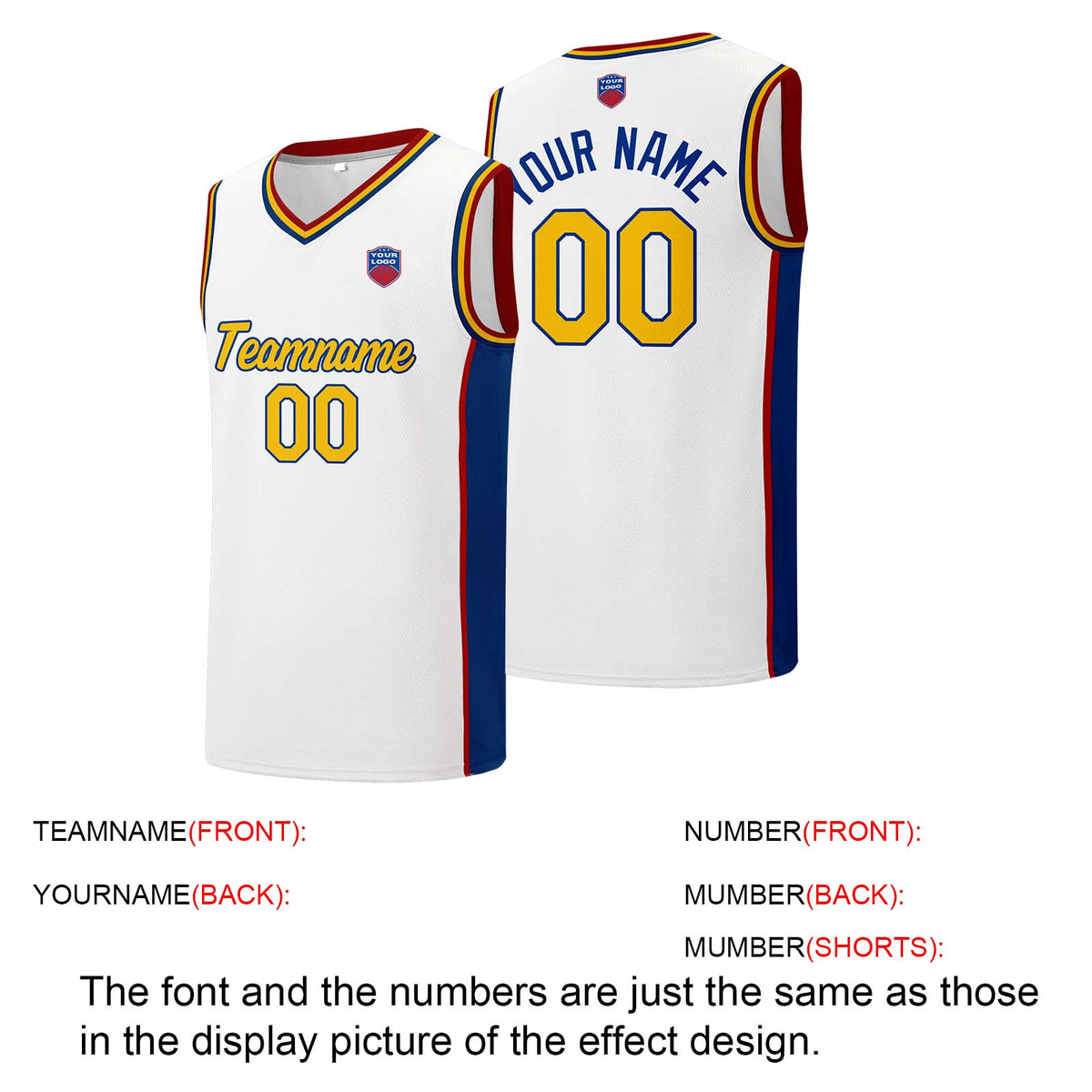 Individuelle Basketball-Jersey-Shorts für Männer und Frauen. Gestickter und gedruckter Name, Nummer und Logo Weiß &Royal