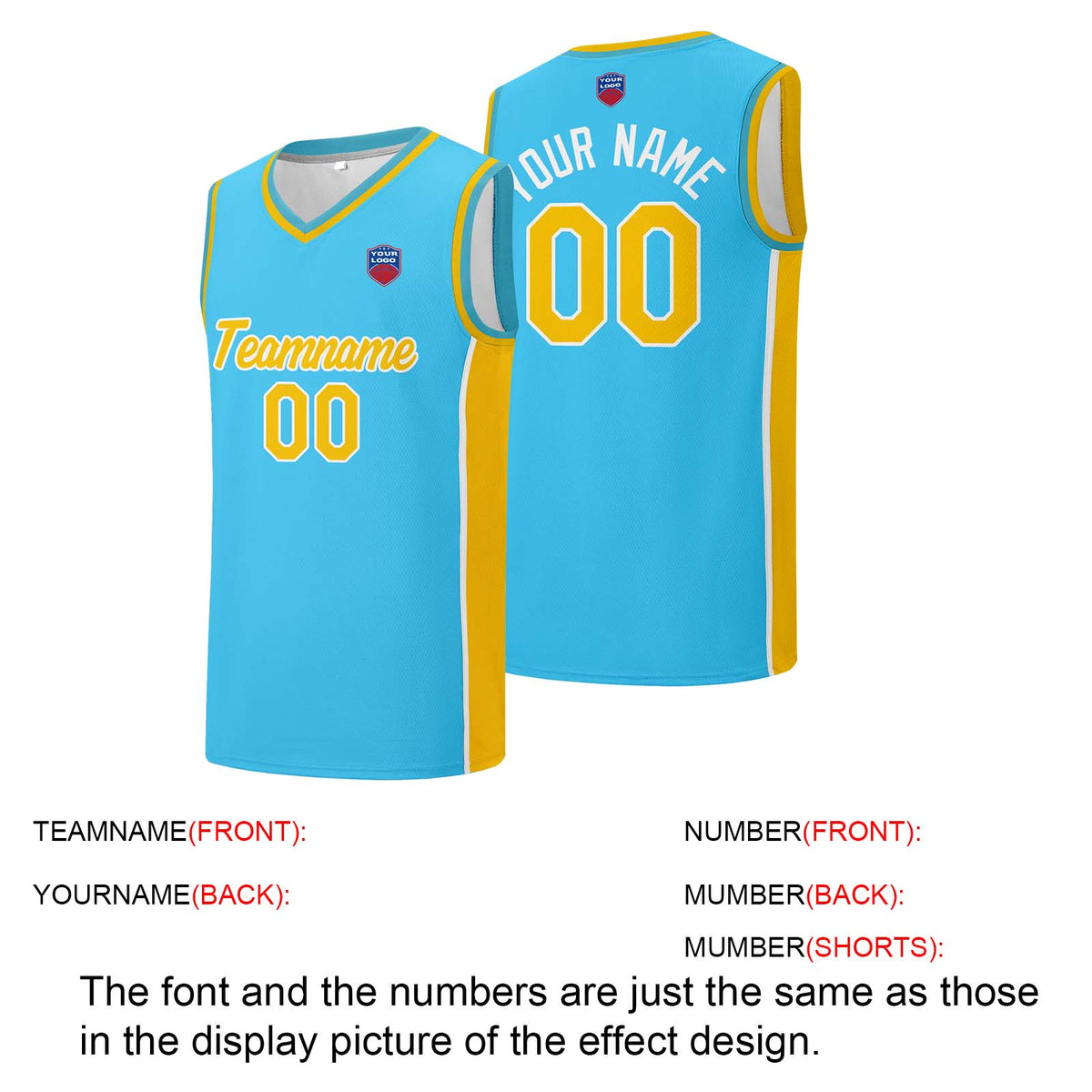 Individuelle Basketball-Jersey-Shorts für Männer und Frauen. Gestickter und gedruckter Name, Nummer und Logo Hellblau&Gelb