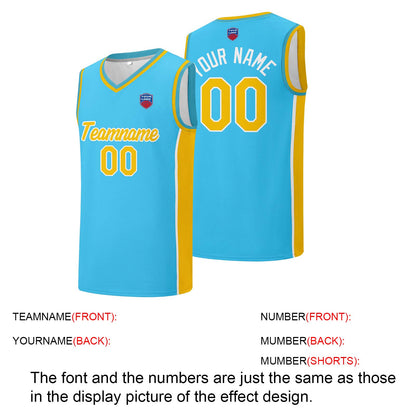 Individuelle Basketball-Jersey-Shorts für Männer und Frauen. Gestickter und gedruckter Name, Nummer und Logo Hellblau&Gelb