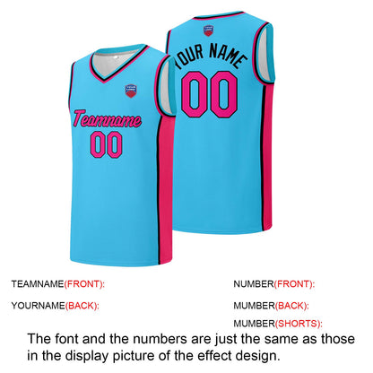 Individuelle Basketball-Jersey-Shorts für Männer und Frauen. Gestickter und gedruckter Name, Nummer und Logo Hellblau&Pink