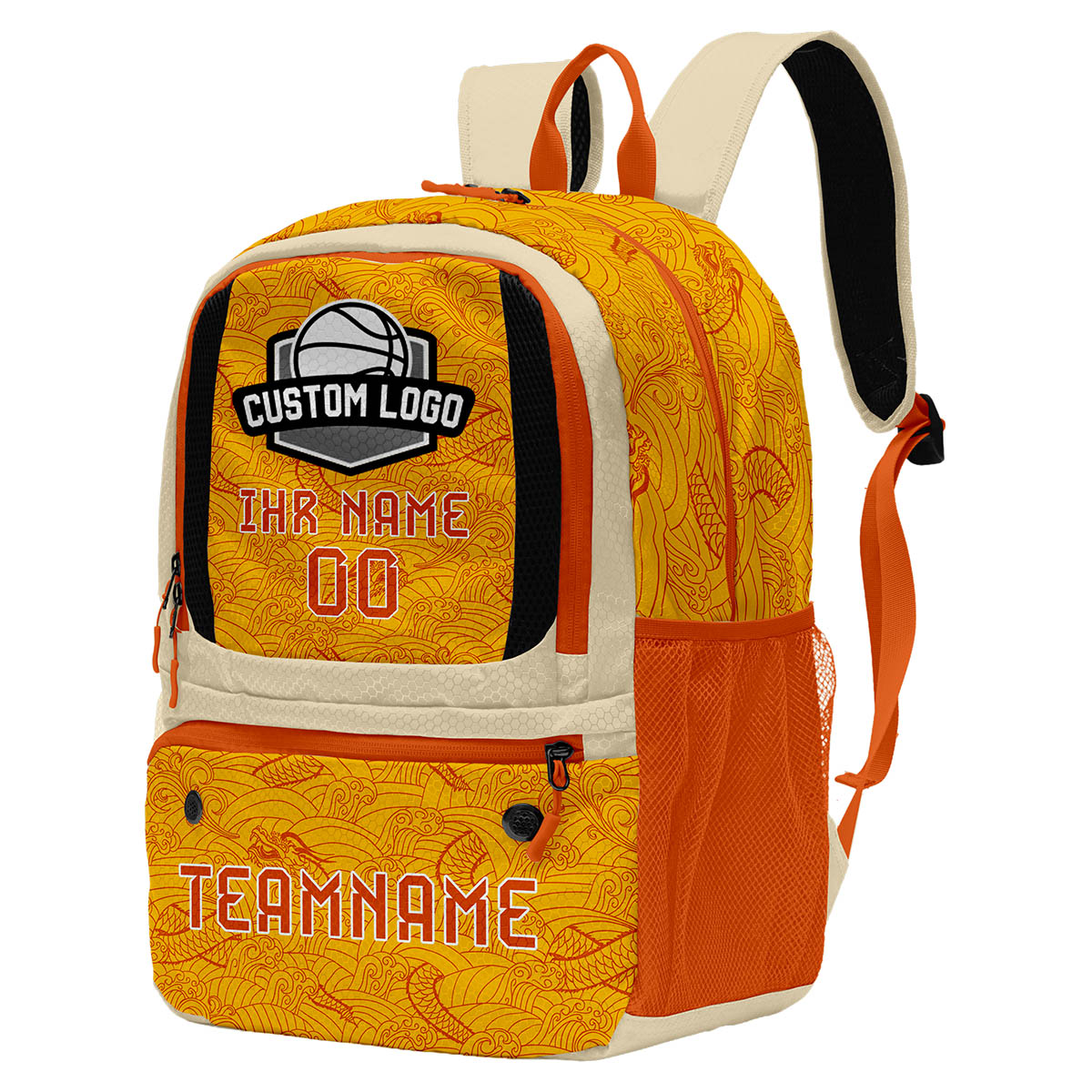 Personalisierter Basketball - und Fußballrucksack in Weiß & Orange und Gelb mit Spielernamen & Nummern und Teamlogo #BP-0919-0034