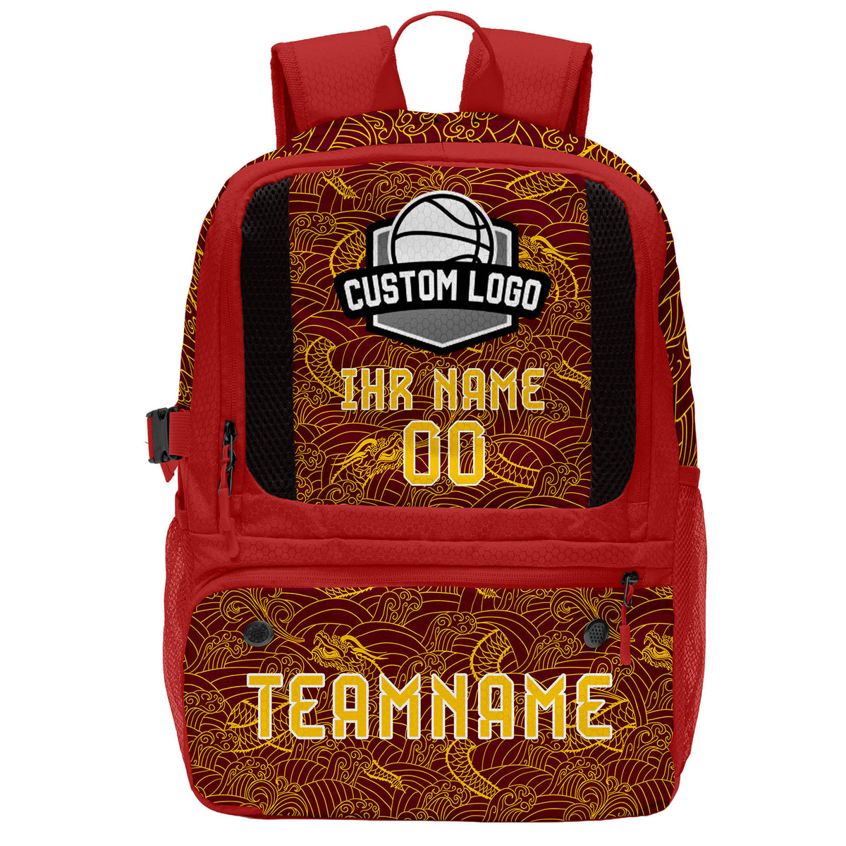 Personalisierter Basketball - und Fußballrucksack in Weinrot und Gelb mit Spielernamen & Nummern und Teamlogo #BP-0919-0039