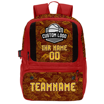 Personalisierter Basketball - und Fußballrucksack in Weinrot und Gelb mit Spielernamen & Nummern und Teamlogo #BP-0919-0039