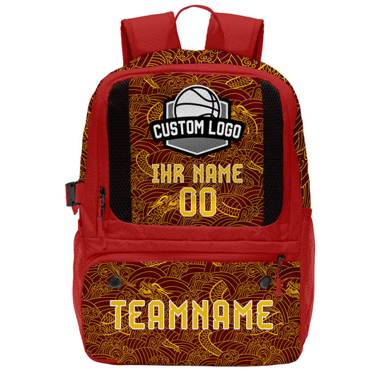 Personalisierter Basketball - und Fußballrucksack in Weinrot und Gelb mit Spielernamen & Nummern und Teamlogo #BP-0919-0039