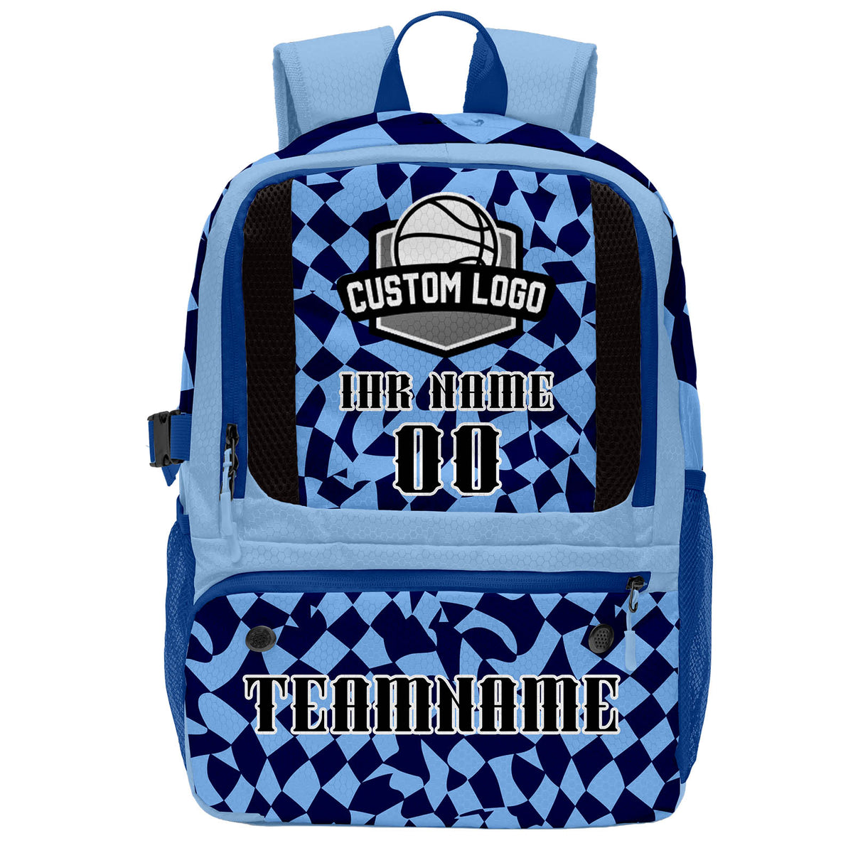 Personalisierter Basketball - und Fußballrucksack in Hellblau und Dunkelblau mit Spielernamen & Nummern und Teamlogo #BP-0919-0020