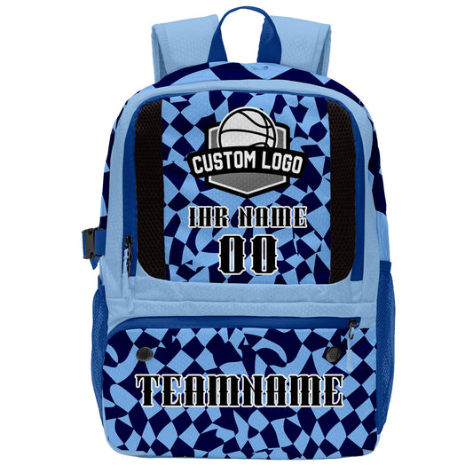 Personalisierter Basketball - und Fußballrucksack in Hellblau und Dunkelblau mit Spielernamen & Nummern und Teamlogo #BP-0919-0020