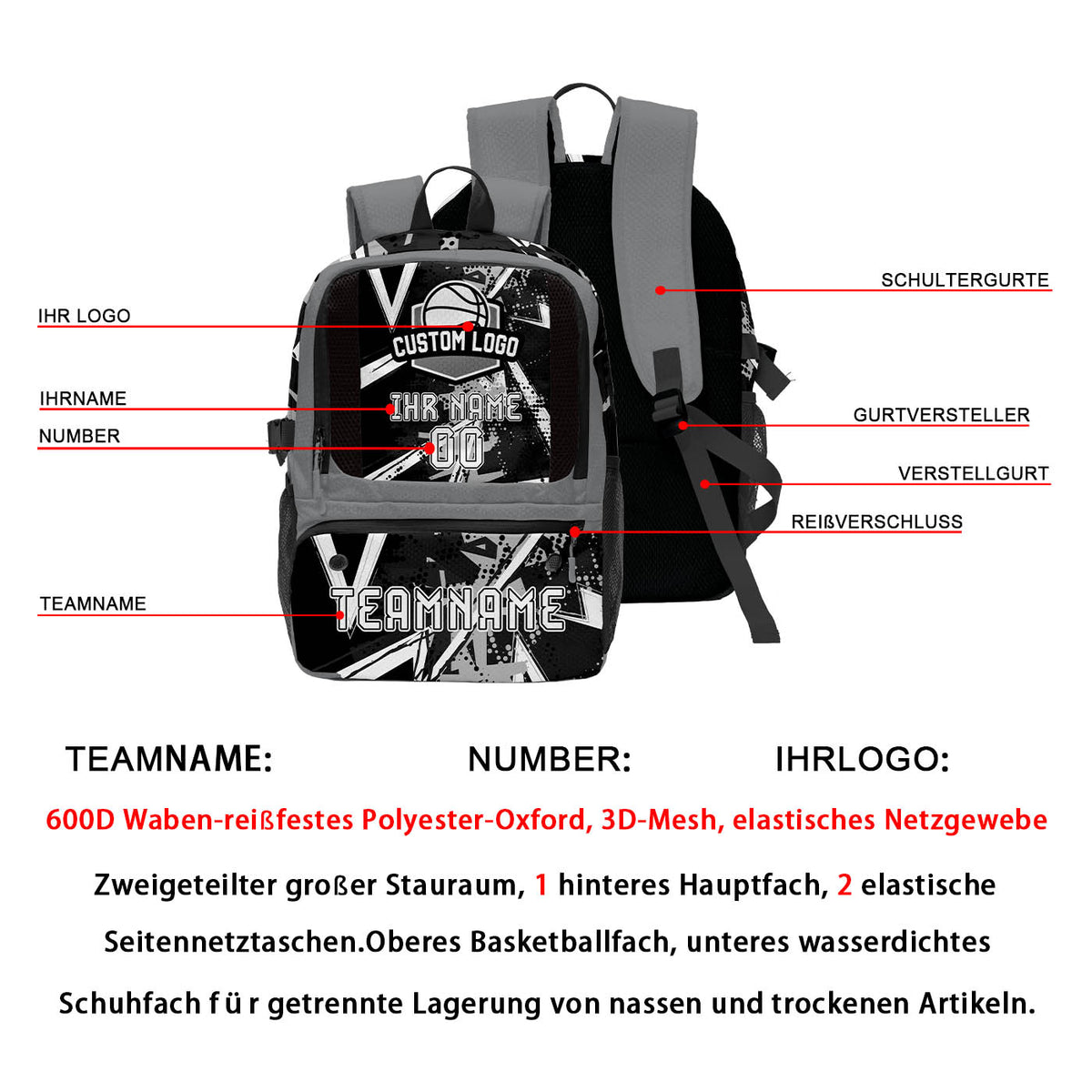 Personalisierter Basketball - und Fußballrucksack in Schwarz & Grau und Weiß mit Spielernamen & Nummern und Teamlogo #BP-0919-0002
