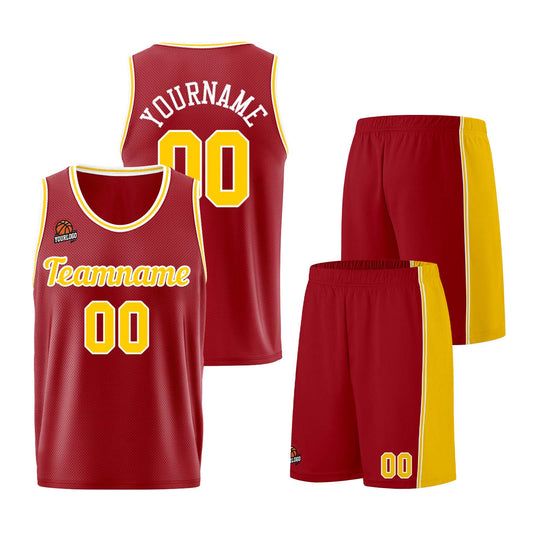 Individuelle Burgund Gelb Basketball Jersey Shorts für Männer und Frauen Gestickter und gedruckter Name, Nummer und Logo