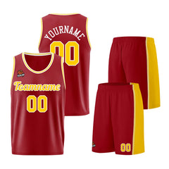 Individuelle Burgund Gelb Basketball Jersey Shorts für Männer und Frauen Gestickter und gedruckter Name, Nummer und Logo