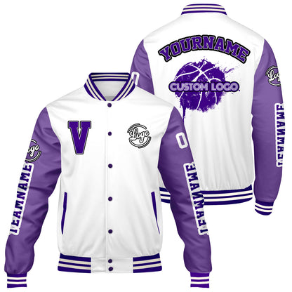 Maßgeschneiderte Weiß Lila Letterman Varsity Jacket Individuelle Stickerei Druck nach Ihrem Wunsch