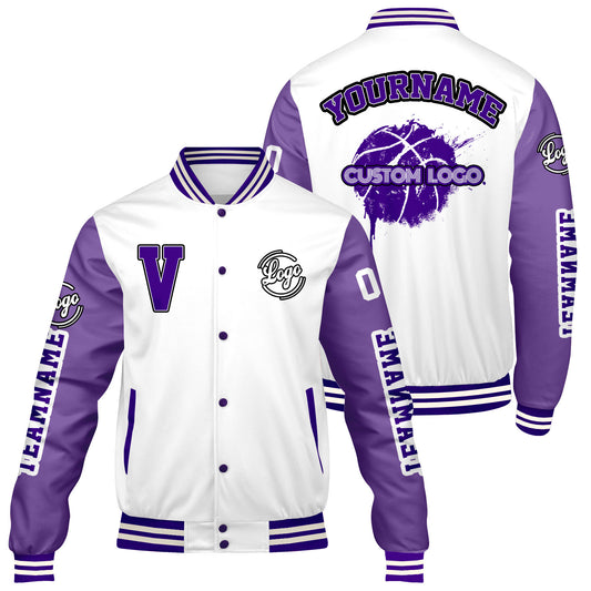 Maßgeschneiderte Weiß Lila Letterman Varsity Jacket Individuelle Stickerei Druck nach Ihrem Wunsch