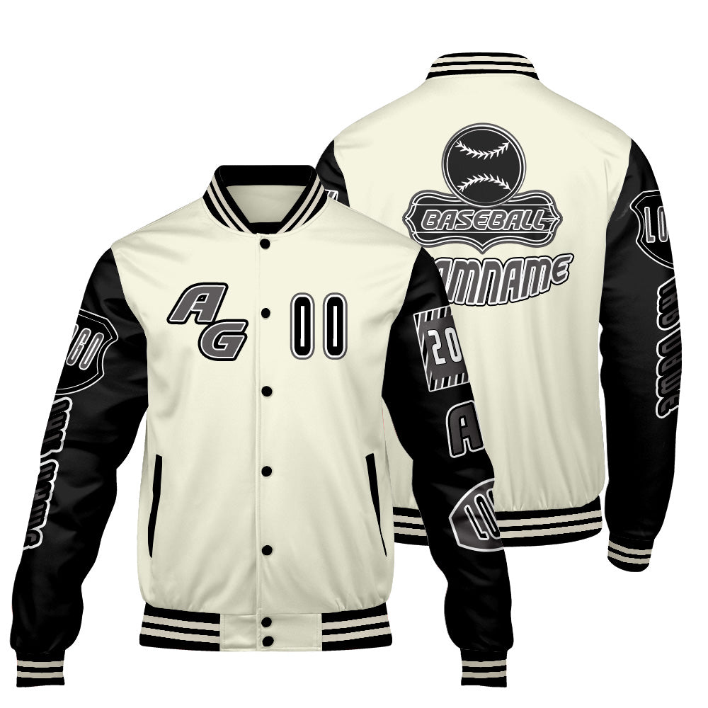 Maßgeschneiderte Schwarz Weiß Letterman Varsity Jacket Individuelle Stickerei  Druck nach Ihrem Wunsch