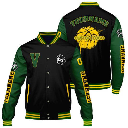 Maßgeschneiderte Schwarz Grün Letterman Varsity Jacket Individuelle Stickerei Druck nach Ihrem Wunsch