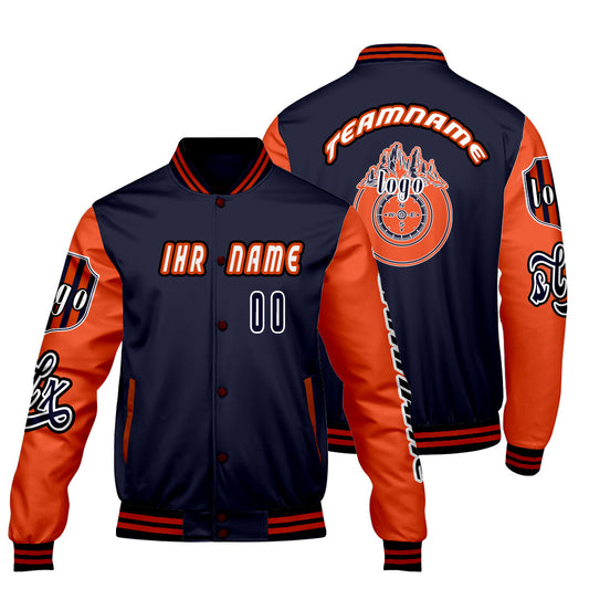 Maßgeschneiderte Marine Orange Letterman Varsity Jacket Individuelle Stickerei  Druck nach Ihrem Wunsch