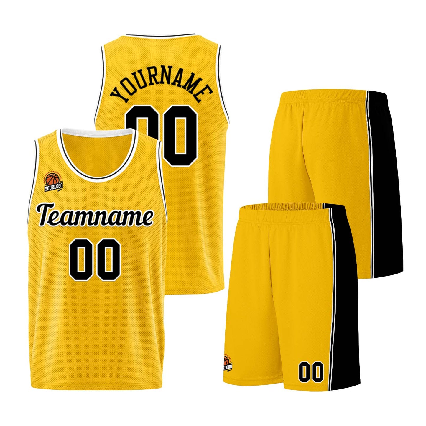 Individuelle Gelb Schwarz Basketball Jersey Shorts für Männer und Frauen Gestickter und gedruckter Name, Nummer und Logo