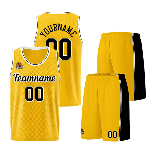 Individuelle Gelb Schwarz Basketball Jersey Shorts für Männer und Frauen Gestickter und gedruckter Name, Nummer und Logo