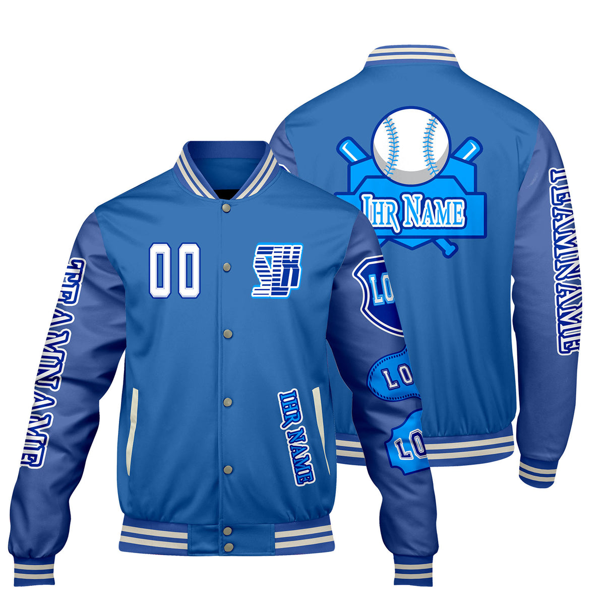 Maßgeschneiderte Blau Letterman Varsity Jacket Individuelle Stickerei  Druck nach Ihrem Wunsch
