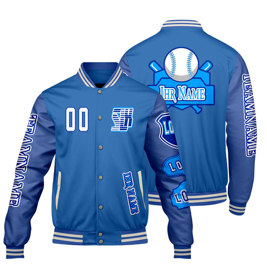 Maßgeschneiderte Blau Letterman Varsity Jacket Individuelle Stickerei  Druck nach Ihrem Wunsch