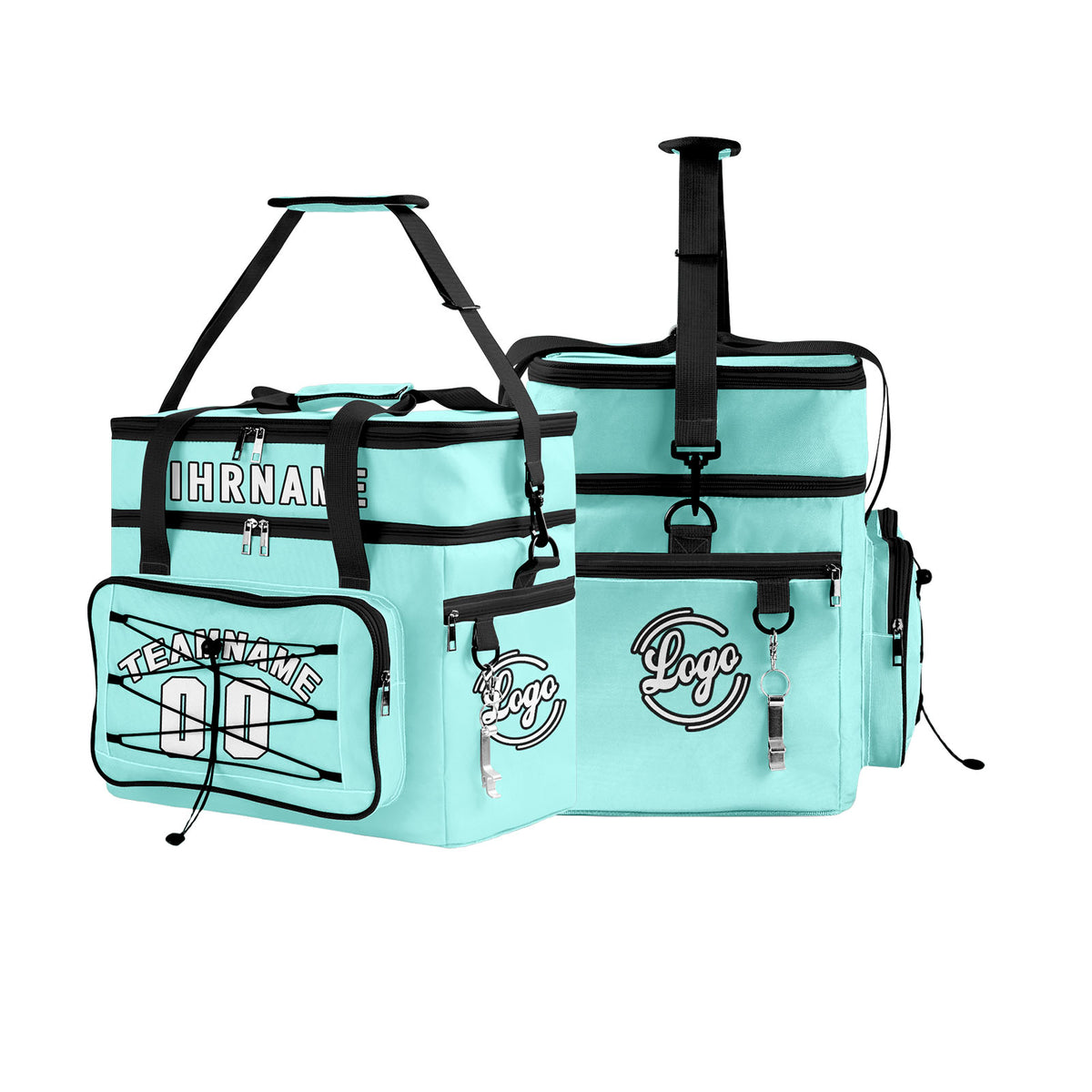 Maßgeschickerte Cyan Schwarz vollflächig bedruckte isolierte Kühltasche mit Doppelwand Wasserdichte 600D Oxford Picknick-Tragetasche für Teamevents & Outdoor-Grillen
