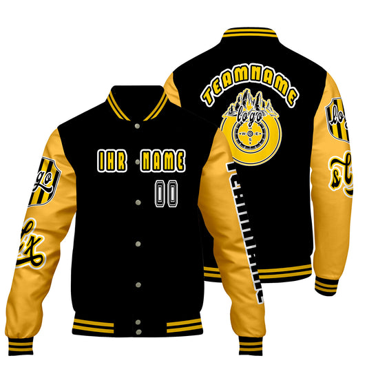 Maßgeschneiderte Schwarz Gelb Letterman Varsity Jacket Individuelle Stickerei  Druck nach Ihrem Wunsch