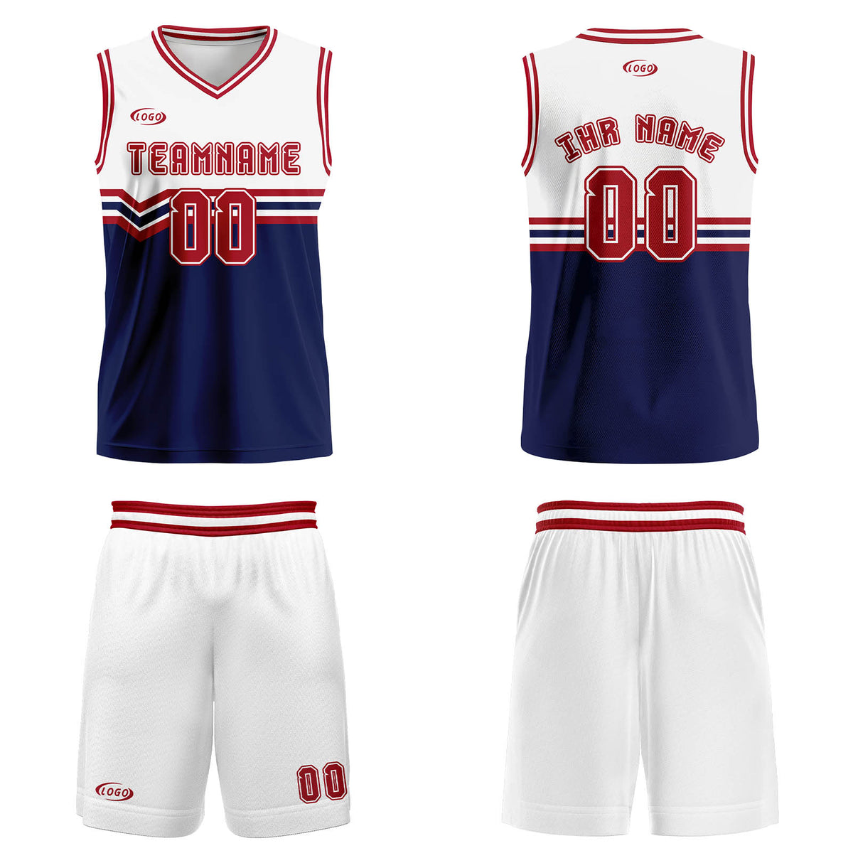 Benutzerdefinierter Weiß Blau Rot Basketball Jersey Uniform Anzug gedruckt Ihr Logo Name Nummer