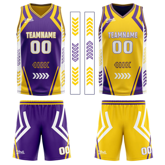 Benutzerdefinierte Lila Gelb Reversible Basketball Jersey Personalisierte Drucken Name Nummer Logo