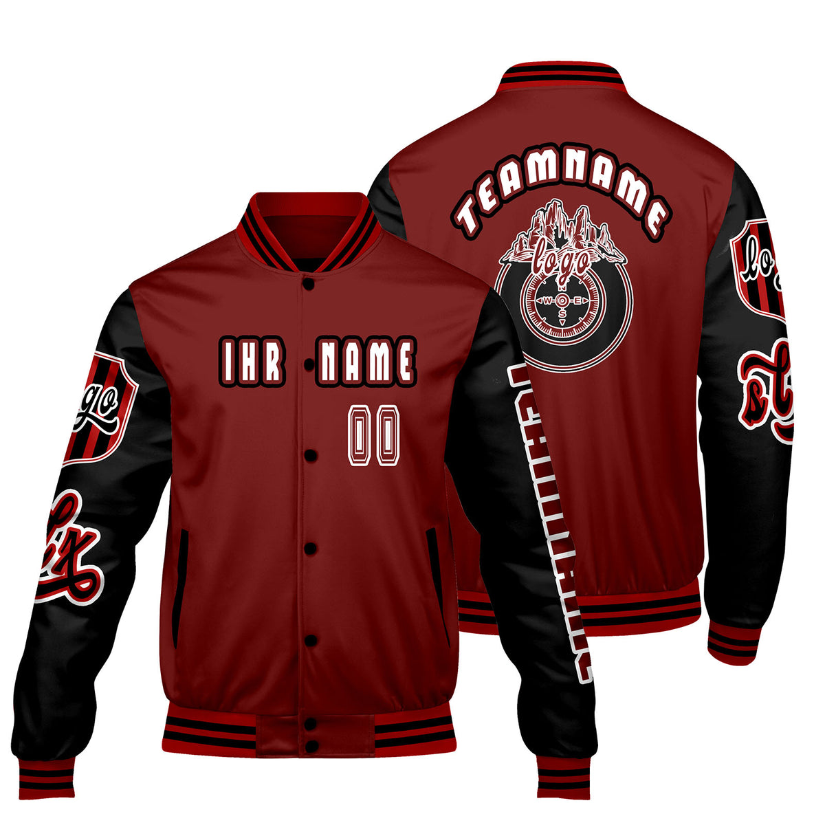 Maßgeschneiderte Rot Schwarz Letterman Varsity Jacket Individuelle Stickerei  Druck nach Ihrem Wunsch