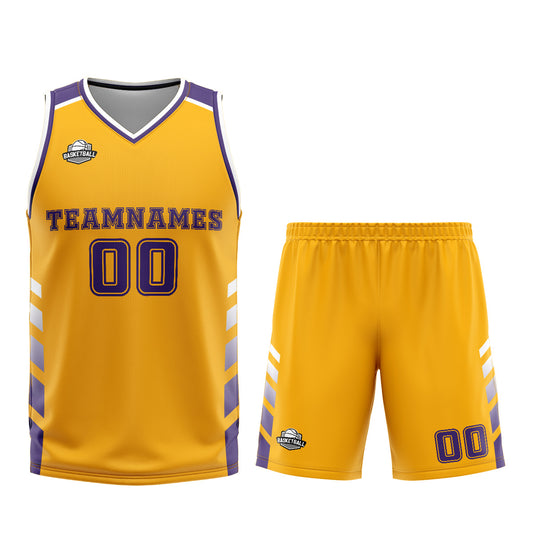 Benutzerdefinierter Gelb Lila Basketball Jersey Uniform Anzug gedruckt Ihr Logo Name Nummer