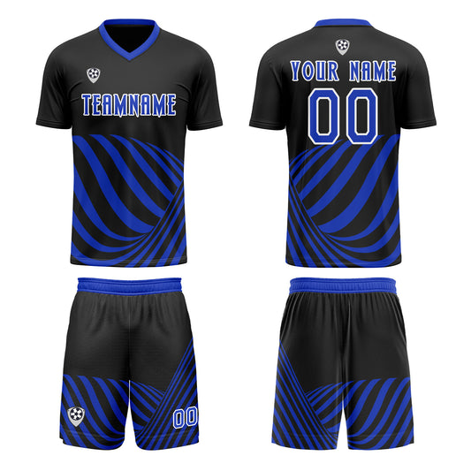 Benutzerdefinierte Schwarz Blau Trikots für Männer Frauen Personalisierte Fußball Uniformen für Erwachsene und Kind