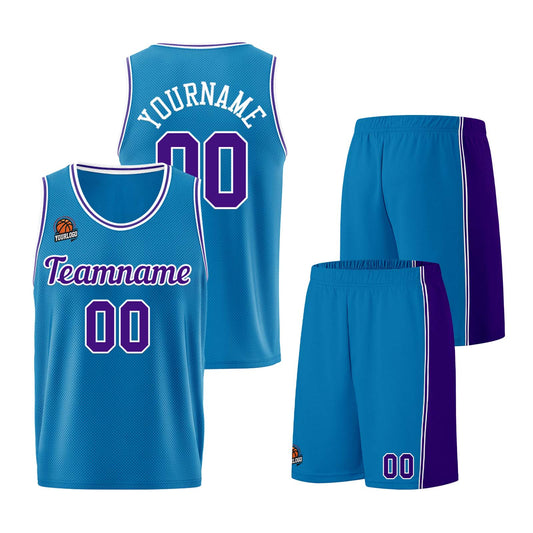 Individuelle Blau-Lila Basketball Jersey Shorts für Männer und Frauen Gestickter und gedruckter Name, Nummer und Logo