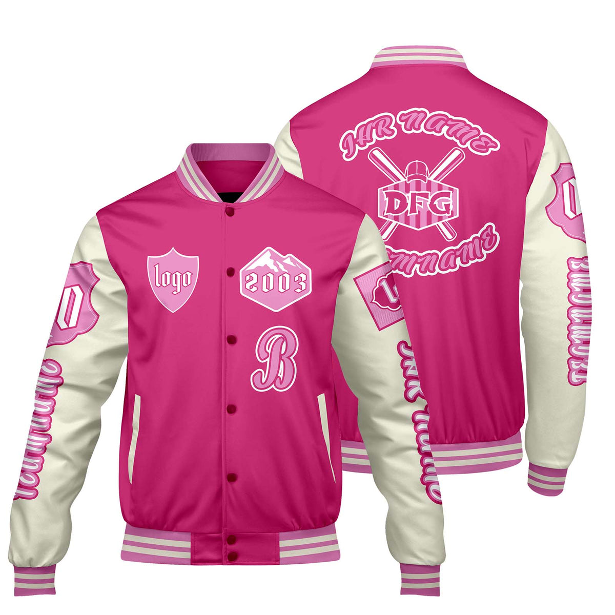 Maßgeschneiderte Rosa Weiß Letterman Varsity Jacket Individuelle Stickerei  Druck nach Ihrem Wunsch