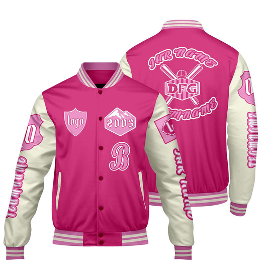 Maßgeschneiderte Rosa Weiß Letterman Varsity Jacket Individuelle Stickerei  Druck nach Ihrem Wunsch