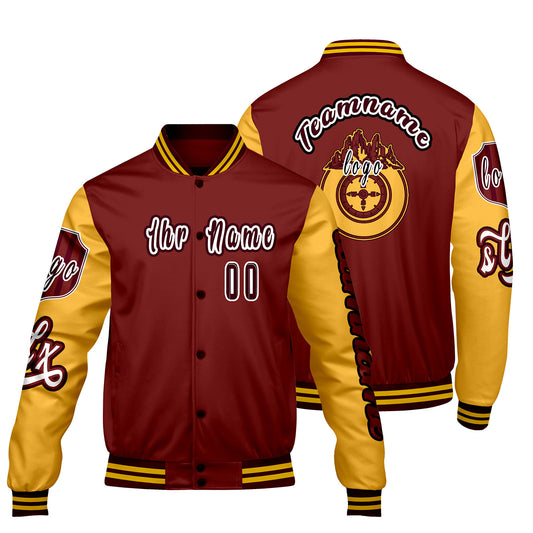 Maßgeschneiderte Rot Gelb Letterman Varsity Jacket Individuelle Stickerei  Druck nach Ihrem Wunsch