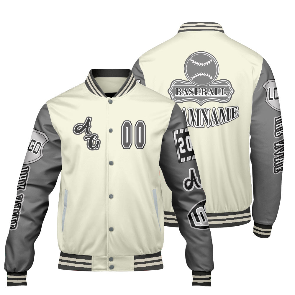 Maßgeschneiderte Weiß Grau Letterman Varsity Jacket Individuelle Stickerei  Druck nach Ihrem Wunsch