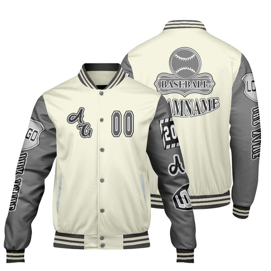 Maßgeschneiderte Weiß Grau Letterman Varsity Jacket Individuelle Stickerei  Druck nach Ihrem Wunsch
