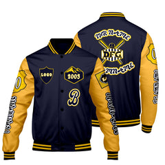 Maßgeschneiderte Marine Gelb Letterman Varsity Jacket Individuelle Stickerei  Druck nach Ihrem Wunsch