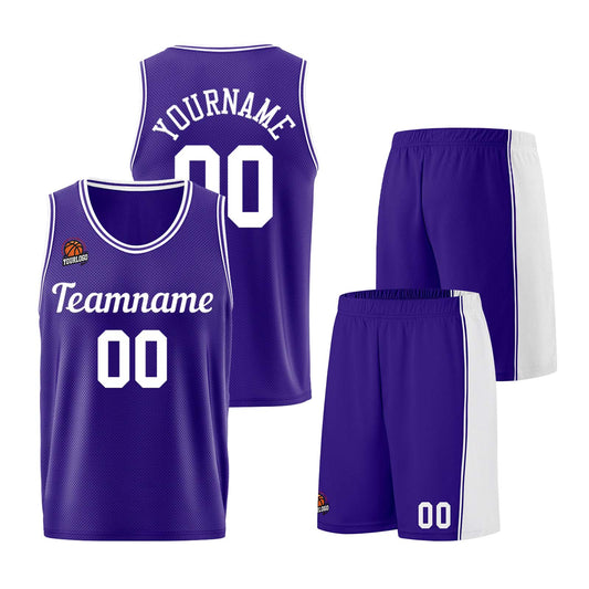 Individuelle Lila Weiß Basketball Jersey Shorts für Männer und Frauen Gestickter und gedruckter Name, Nummer und Logo