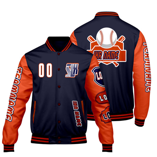 Maßgeschneiderte Marine Orange Letterman Varsity Jacket Individuelle Stickerei  Druck nach Ihrem Wunsch