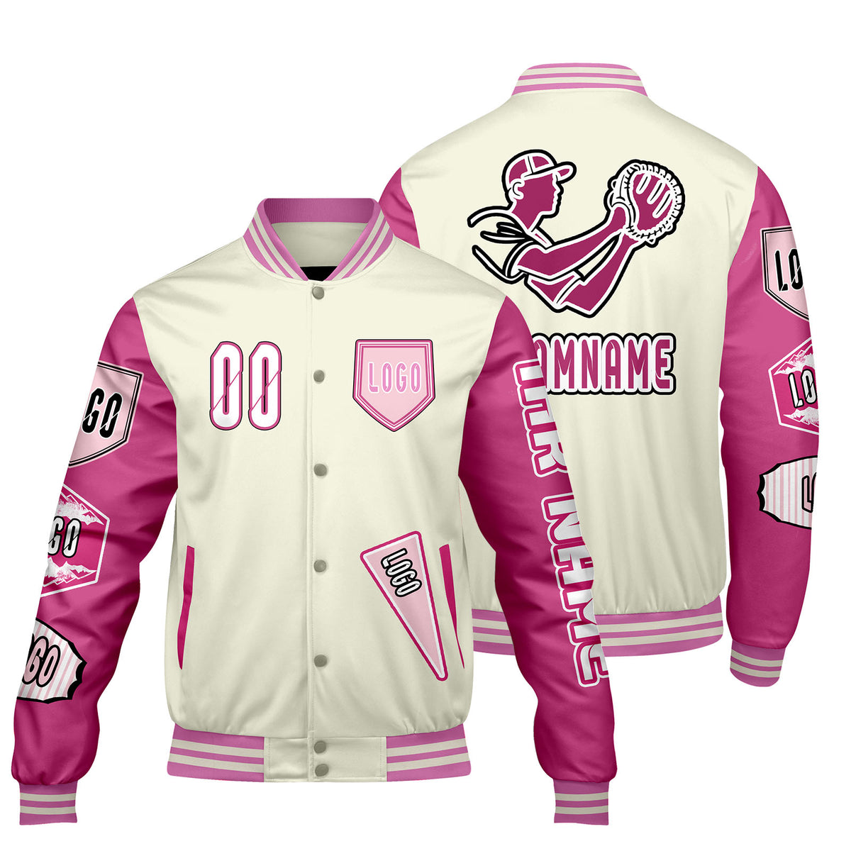 Maßgeschneiderte Weiß Rosa Letterman Varsity Jacket Individuelle Stickerei  Druck nach Ihrem Wunsch