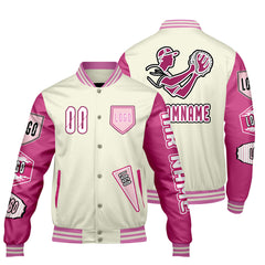 Maßgeschneiderte Weiß Rosa Letterman Varsity Jacket Individuelle Stickerei  Druck nach Ihrem Wunsch